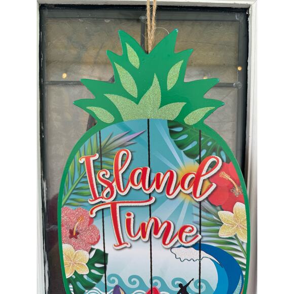 Island Time Beach Surfer Pineapple Shaped Summer Hibiscus Flower Wreath Sign - Picture 3 of 5